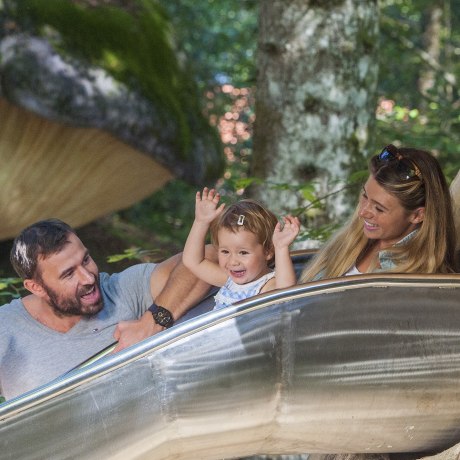 Kleine Kinder flitzen die Pilzrutsche im Freizeitpark Ruhpolding hinunter., © Freizeitpark Ruhpolding